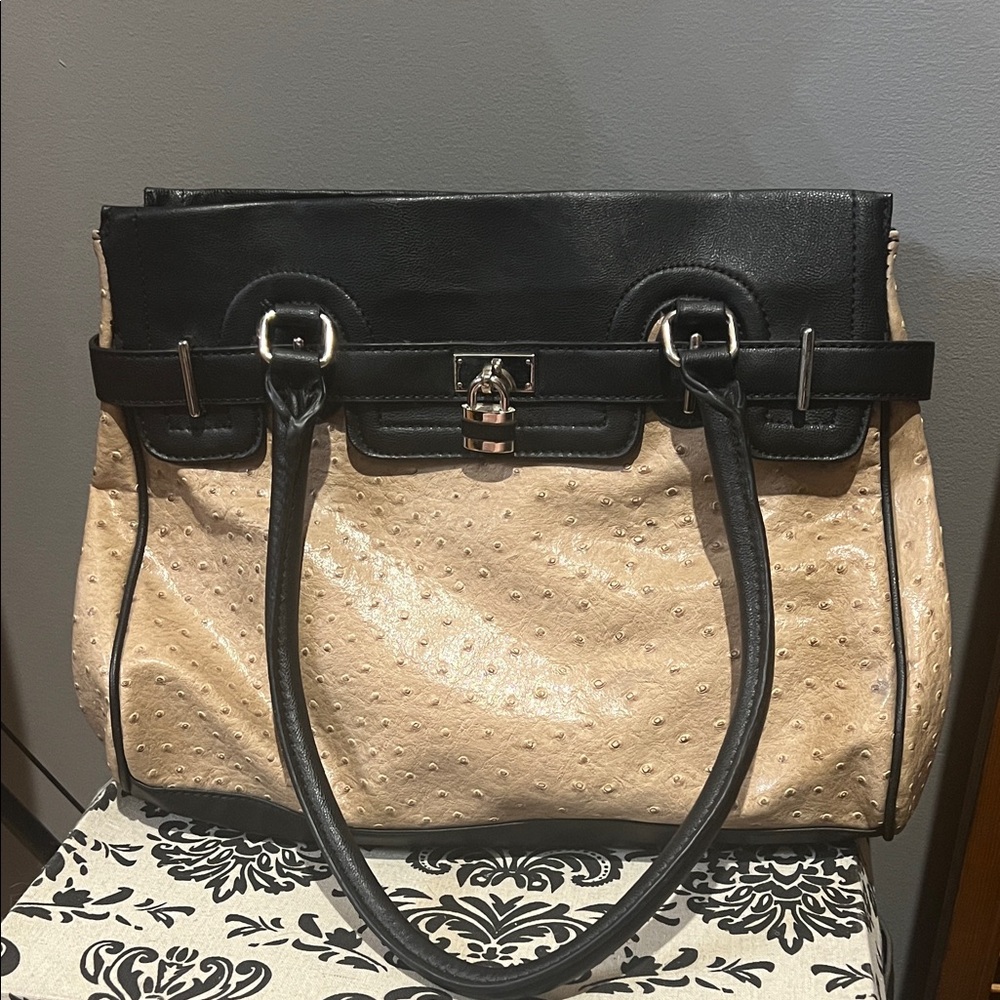 APT 9 Black and Tan ostrich detail PU Handbag